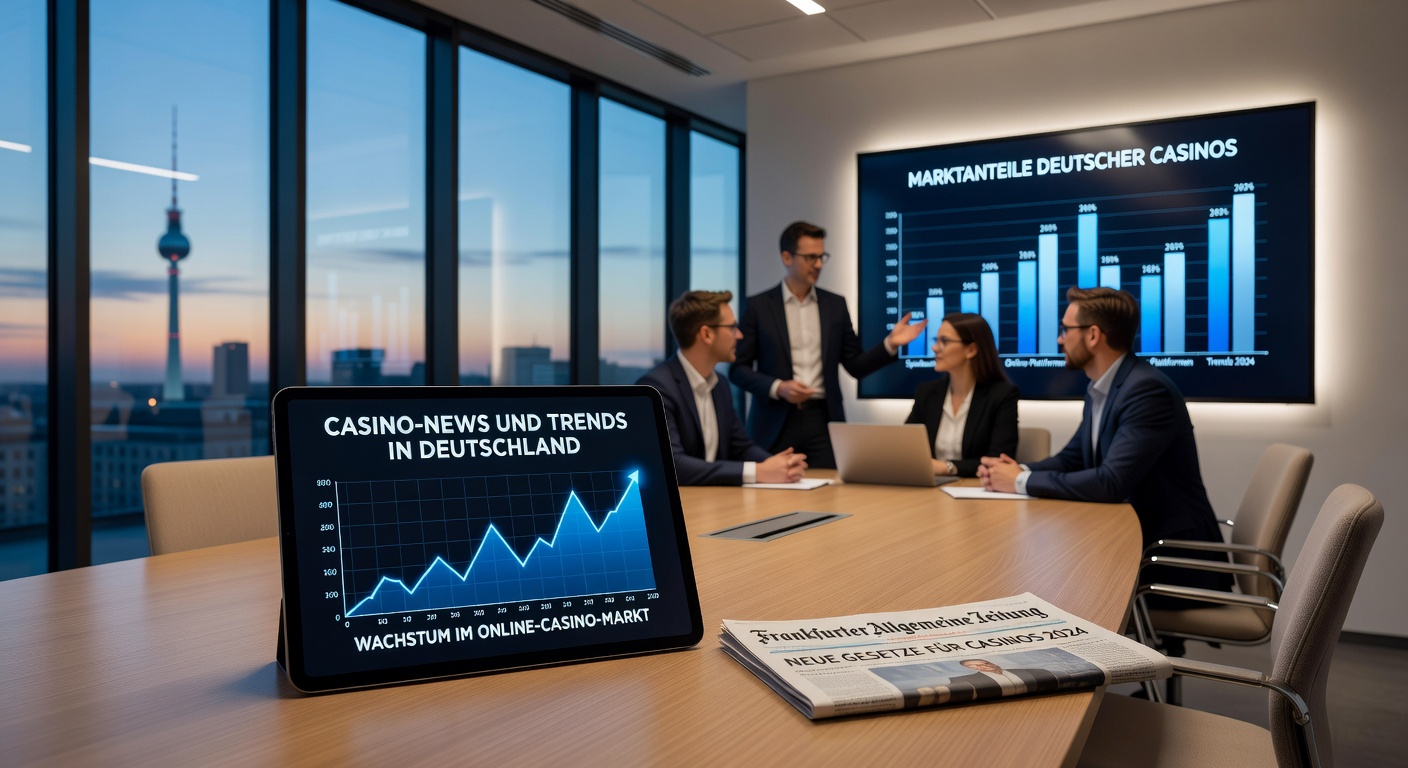 Bild von einem belebten Casino-Saal in Deutschland mit Spielern an Tischen und Slots, beleuchtet von glänzenden Lichtern