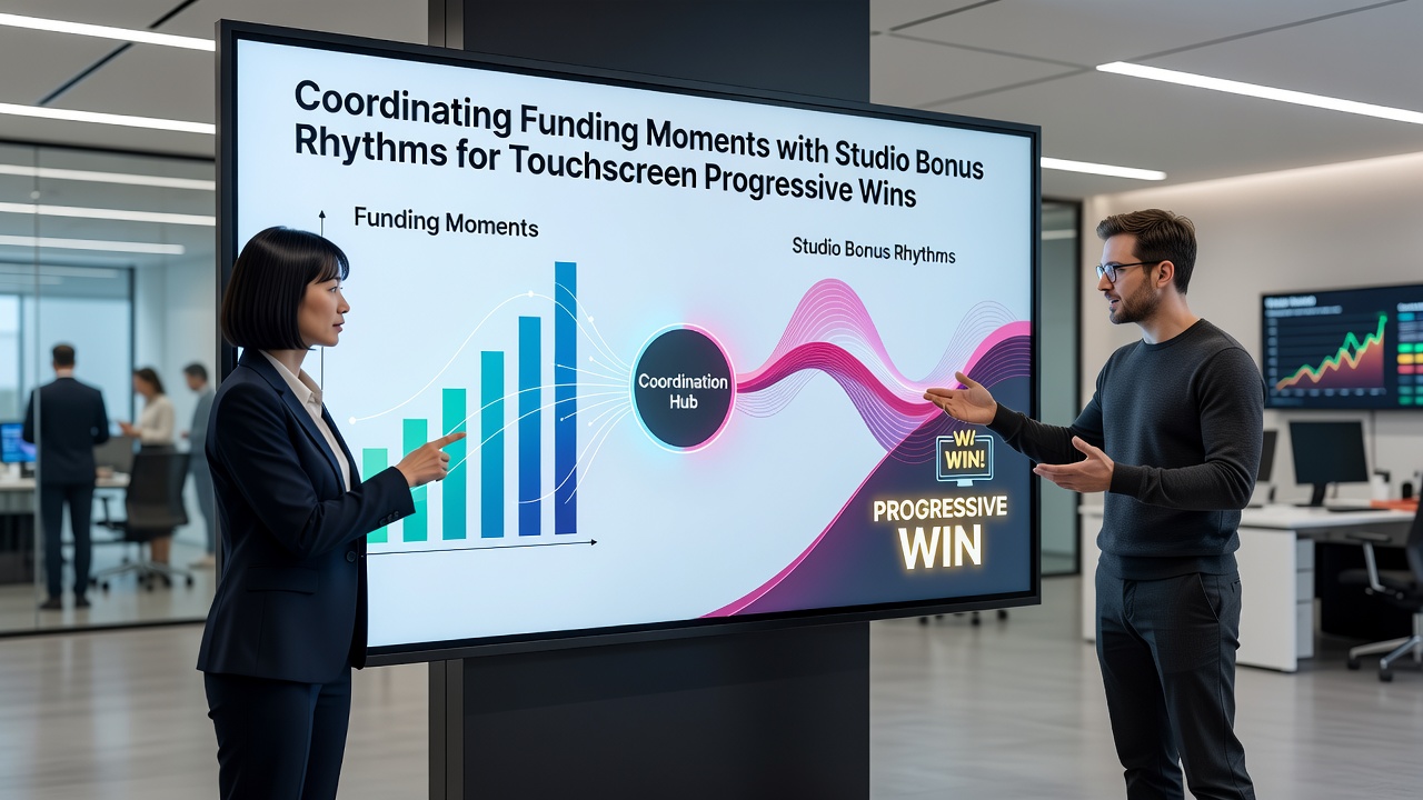 Darstellung von Touchscreen-Schnittstellen mit progressiven Jackpot-Anzeigen und synchronisierten Bonus-Elementen