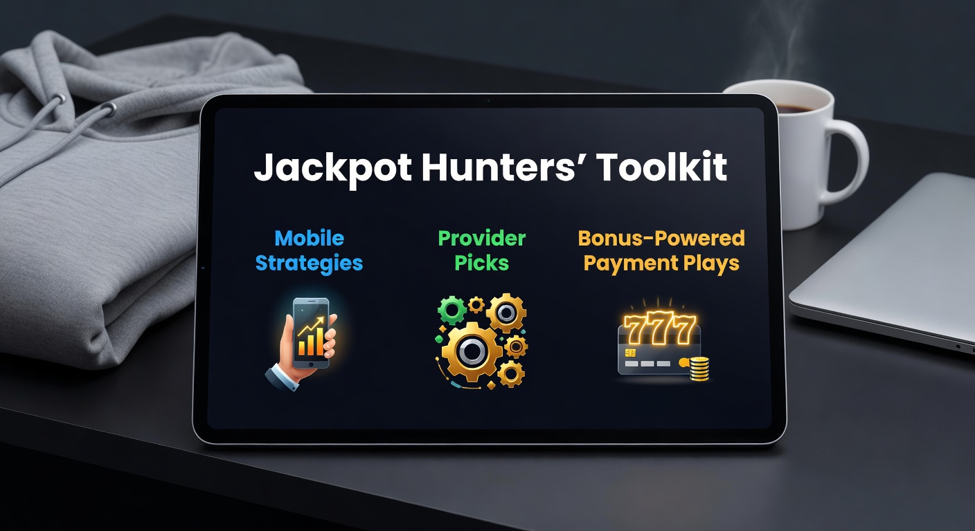 Smartphone mit Jackpot-Slot auf dem Bildschirm, umgeben von Strategie-Icons wie Wallet und Provider-Logos