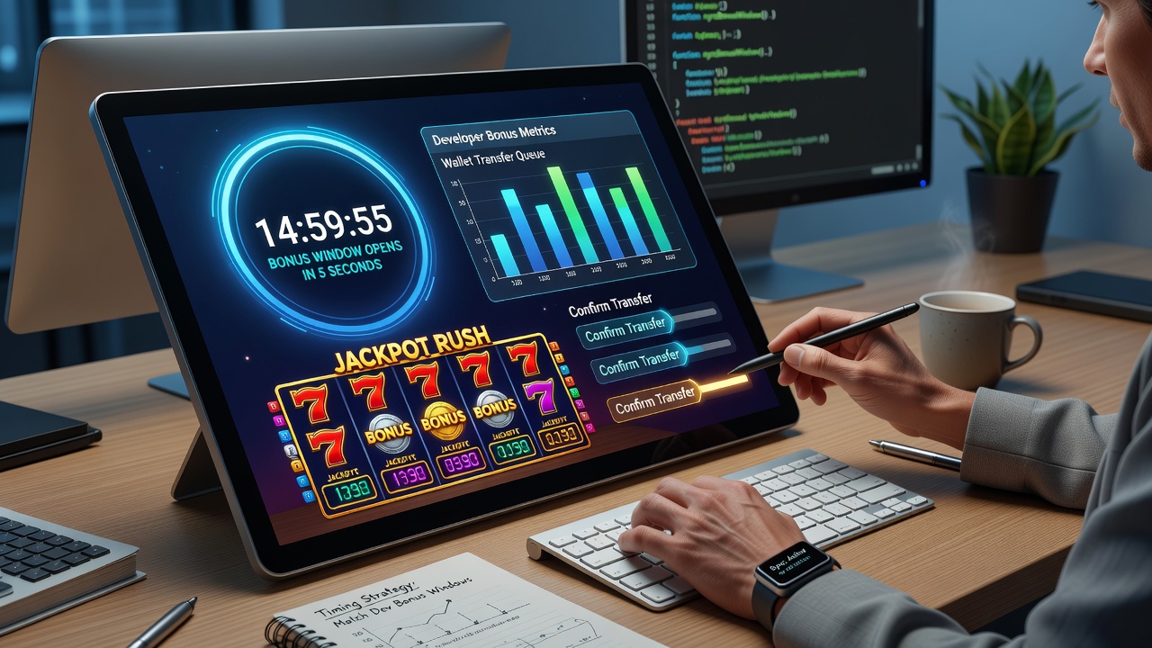 Illustration von Touchscreen-Slot-Mechaniken mit Fokus auf Transfer-Timing und Bonusfenster-Synchronisation